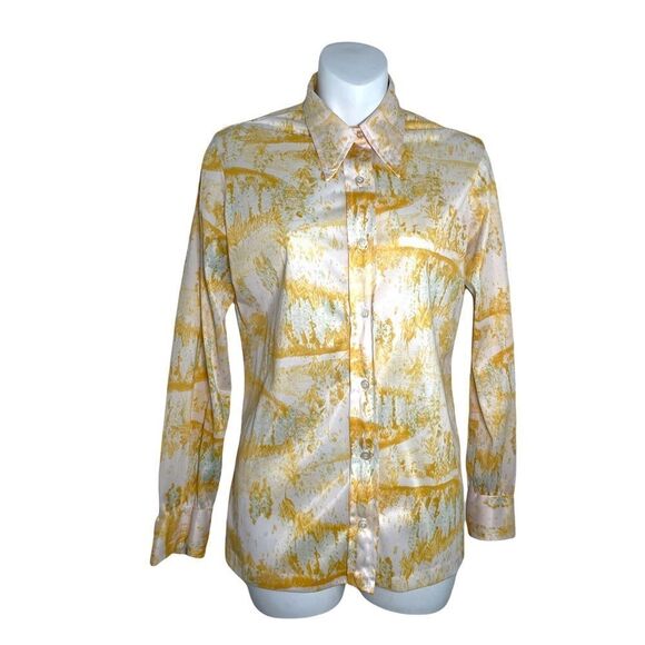 Vintage 1970s Vera Button Down Geometric Long Sleeve Shirt M Saffron Marigold - Picture 7 of 15
